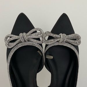 Black rhinestone bow dress shoes 8.5 satin flats pointed toe